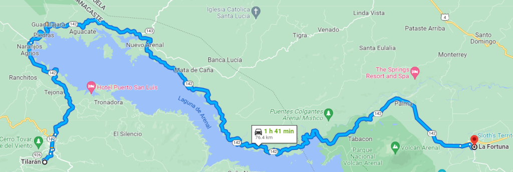Map of the Bus Route 142 from Tilaran to La Fortuna