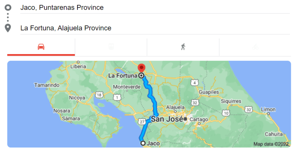 Map Jaco to la Fortuna route 