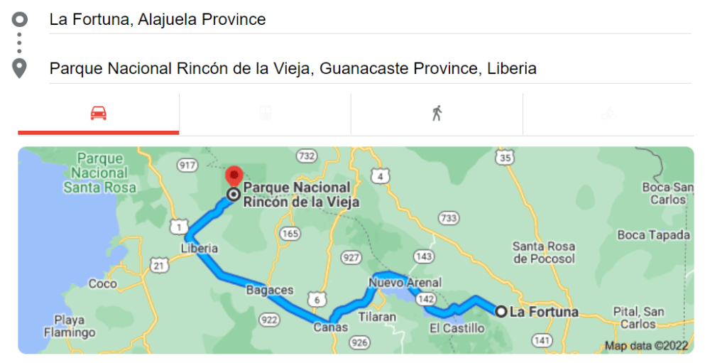 La Fortuna to Rincon de la Vieja map