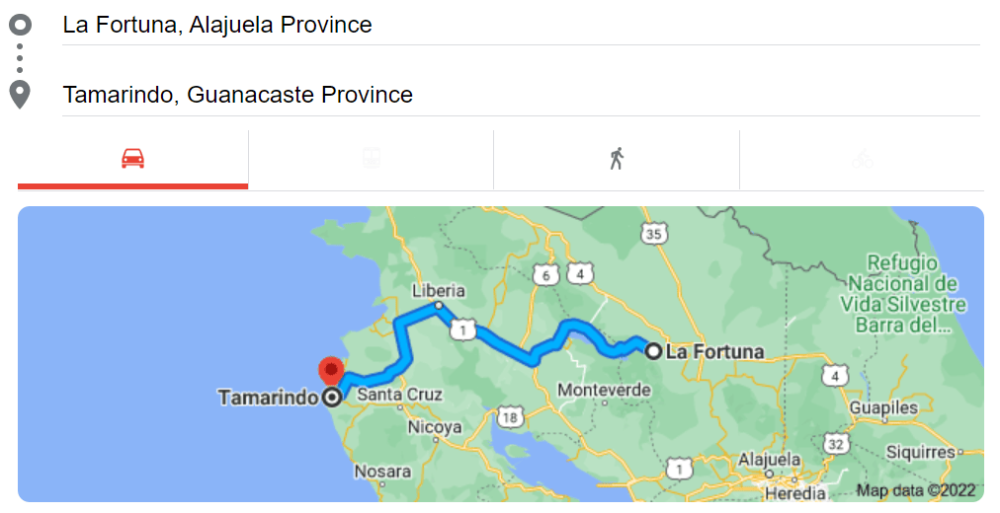 La Fortuna to Tamarindo map