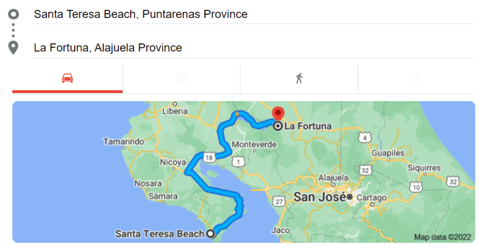 Map showing the route from Santa Teresa to La Fortuna 